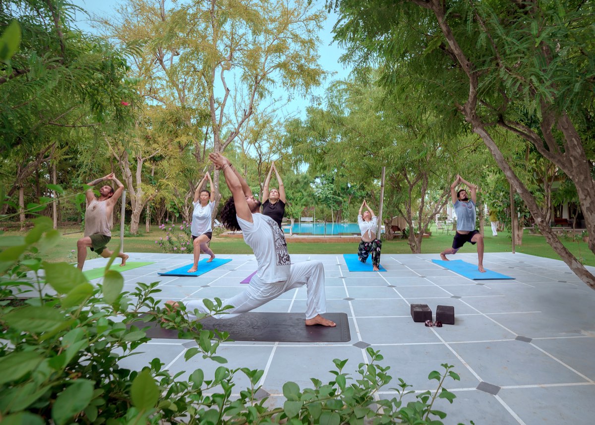 Yoga group practice on the farm