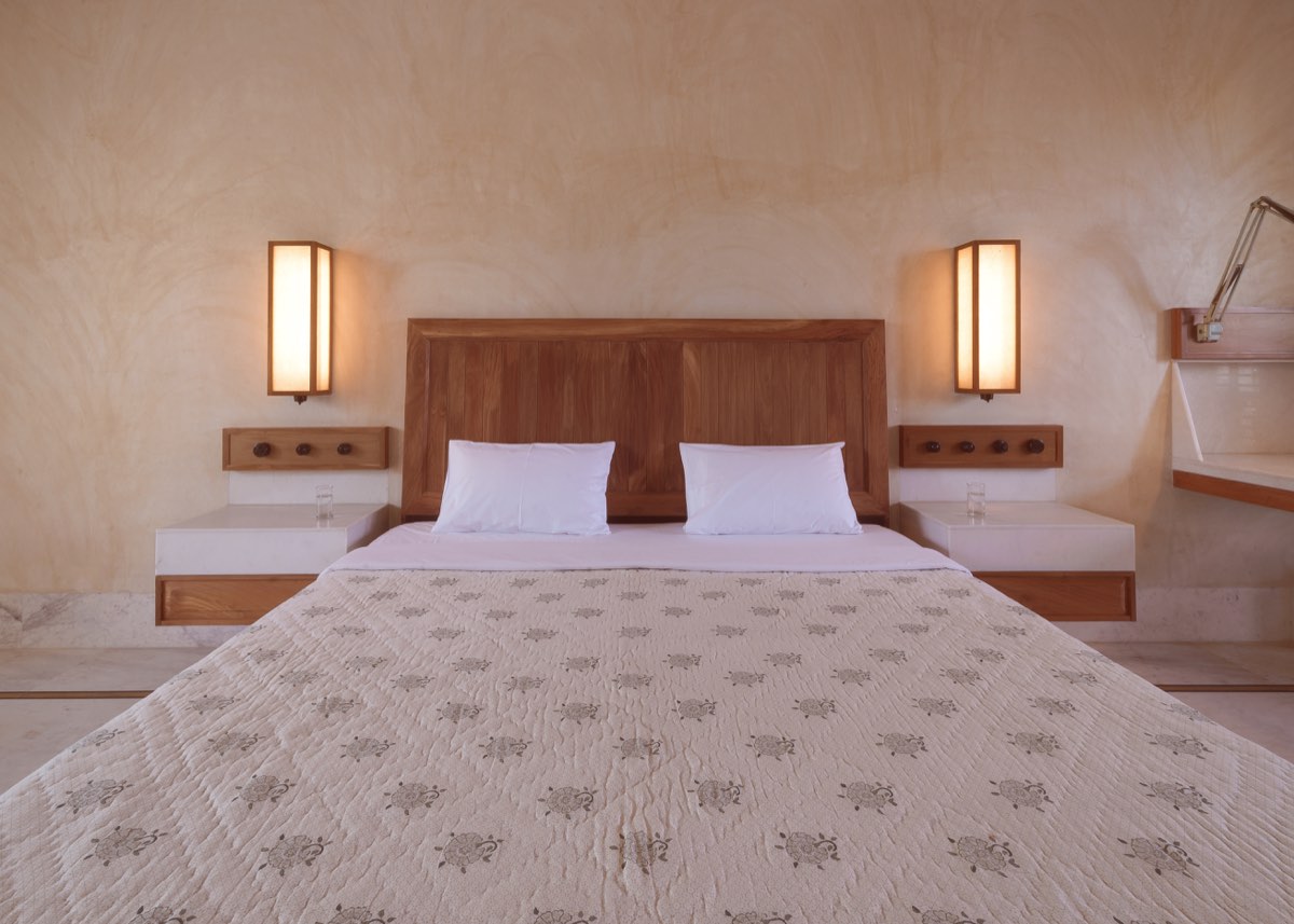 Teak headboard and lamps