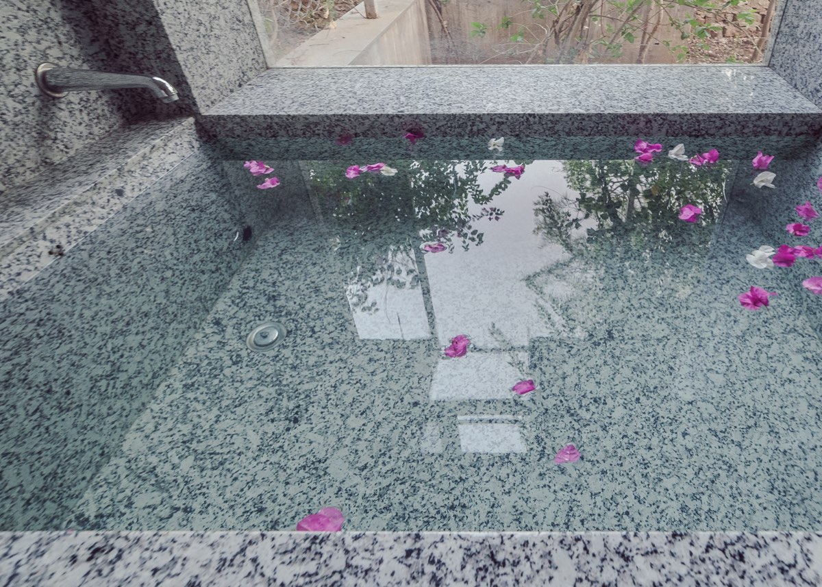 The tub with flower petals on the water